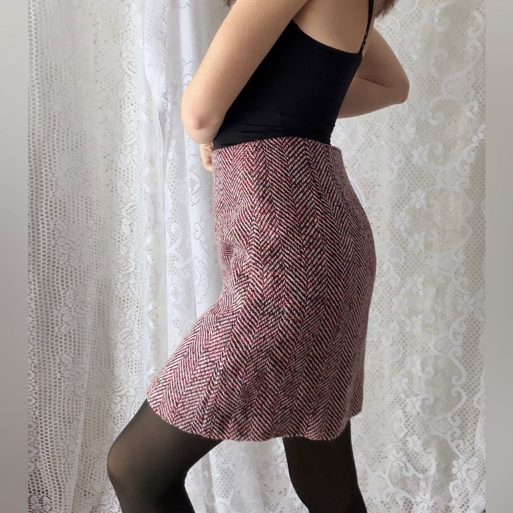 Y2K Tweed Mini Skirt Loft Red Black Herringbone